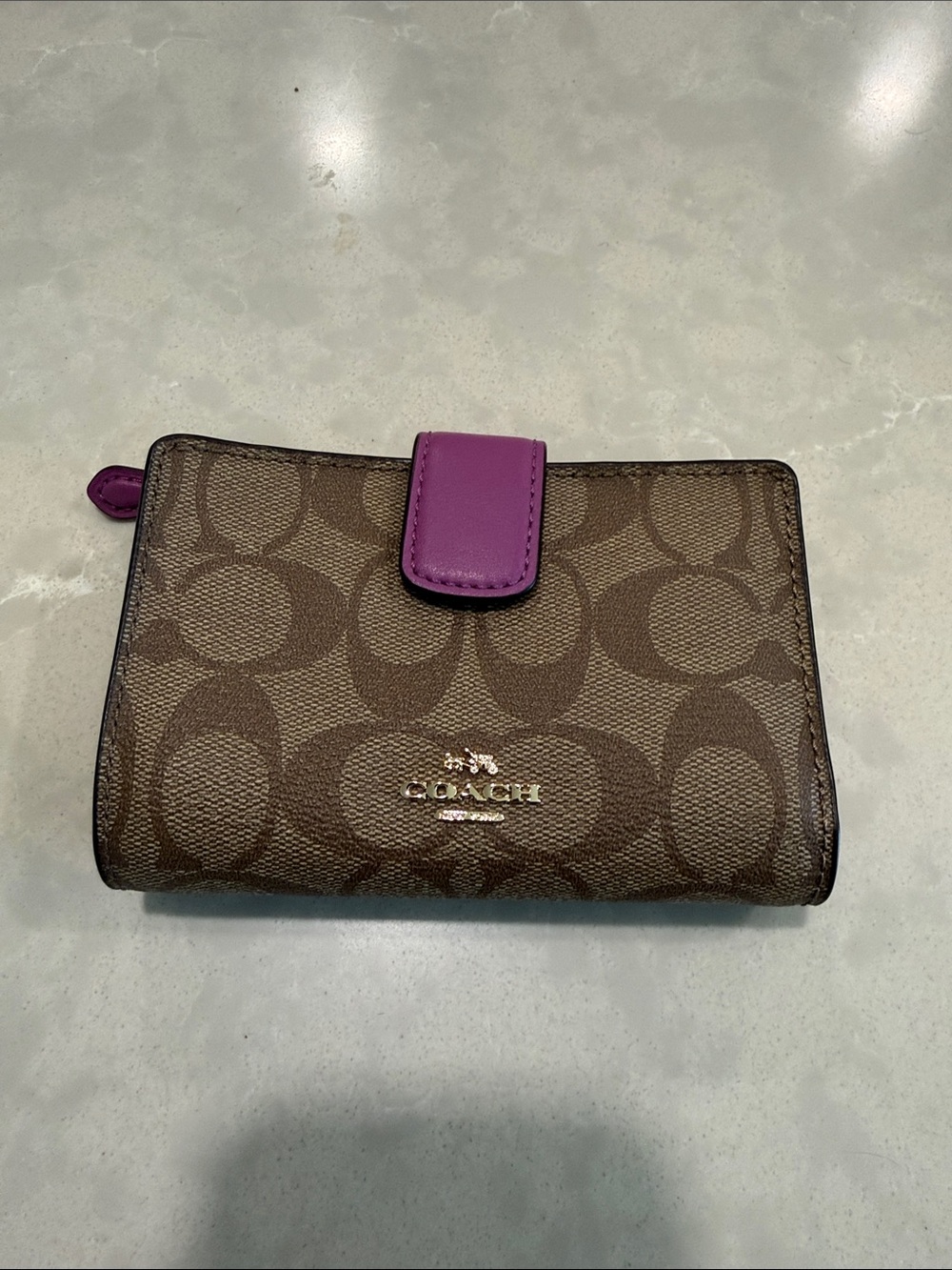 COACH Signature Canvas Compact Wallet in Brown Purple, New